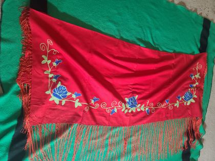 Red wool dance shawl with embroidered blue roses, "Indian Shawl — Ashland, Montana" label, plate 11