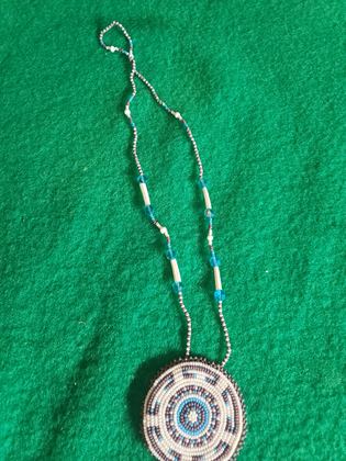 Beaded medallion necklace with lavender and turquoise concentric rosette, plate 124