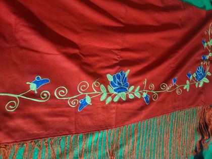 Red wool dance shawl with embroidered blue roses, "Indian Shawl — Ashland, Montana" label, plate 13