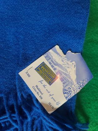 Pendleton "Highland" solid royal blue fringed wool motor robe / throw, with original hangtag, plate 137