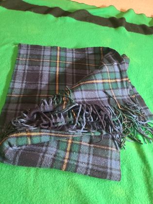 Dark green, navy and black tartan wool shawl/throw with applied dark fringe, plate 139