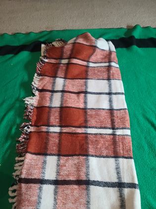 Reversible coarse-woven plaid wool throw, rust and cream one face / pale blue and cream the other, macrame-knotted fringe, plate 140