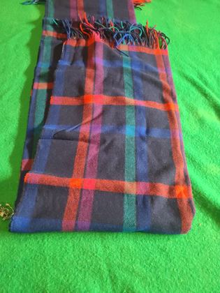 Navy and black plaid wool dance shawl with multicolor hand-knotted yarn fringe, plate 143