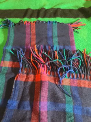 Navy and black plaid wool dance shawl with multicolor hand-knotted yarn fringe, plate 144