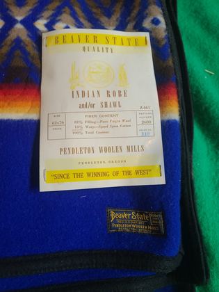 Pendleton "Beaver State" Indian Robe and/or Shawl with original paper hangtag, royal blue diamond-band pattern 2600, plate 168
