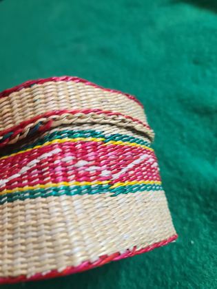 Small lidded straw box basket with dyed banding, plate 177