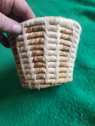Small coiled basket, coarse fibre over bundled foundation — attribution undetermined, plate 204