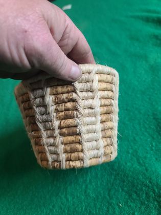Small coiled basket, coarse fibre over bundled foundation — attribution undetermined, plate 205